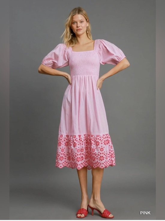 Dresses & Skirts - Smocked Cotton Square-Neck Midi Dress in Pink